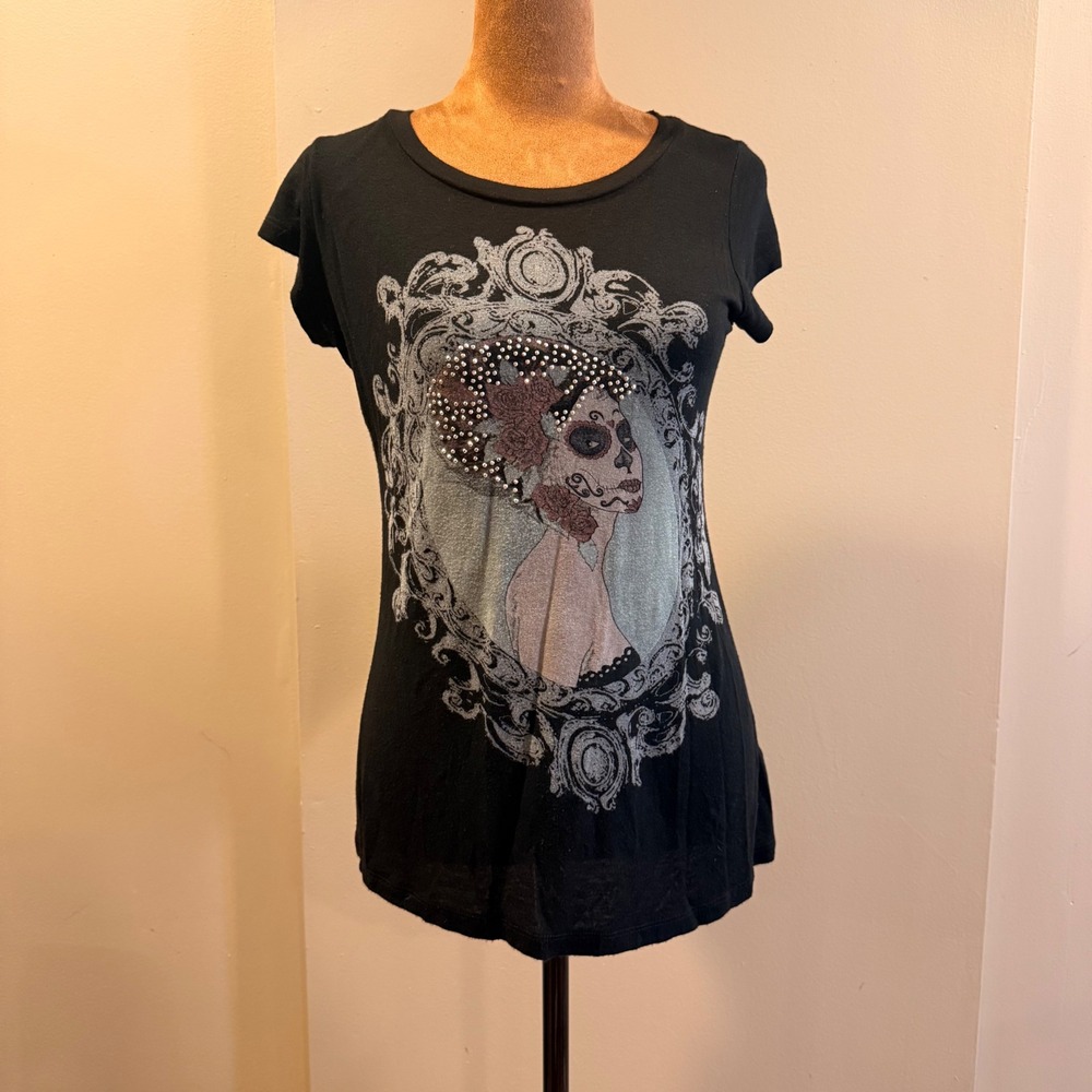 Ocasion Graphic Tee Womens M Black Sugar Skull Rhinestone Glitz Gothic Grunge